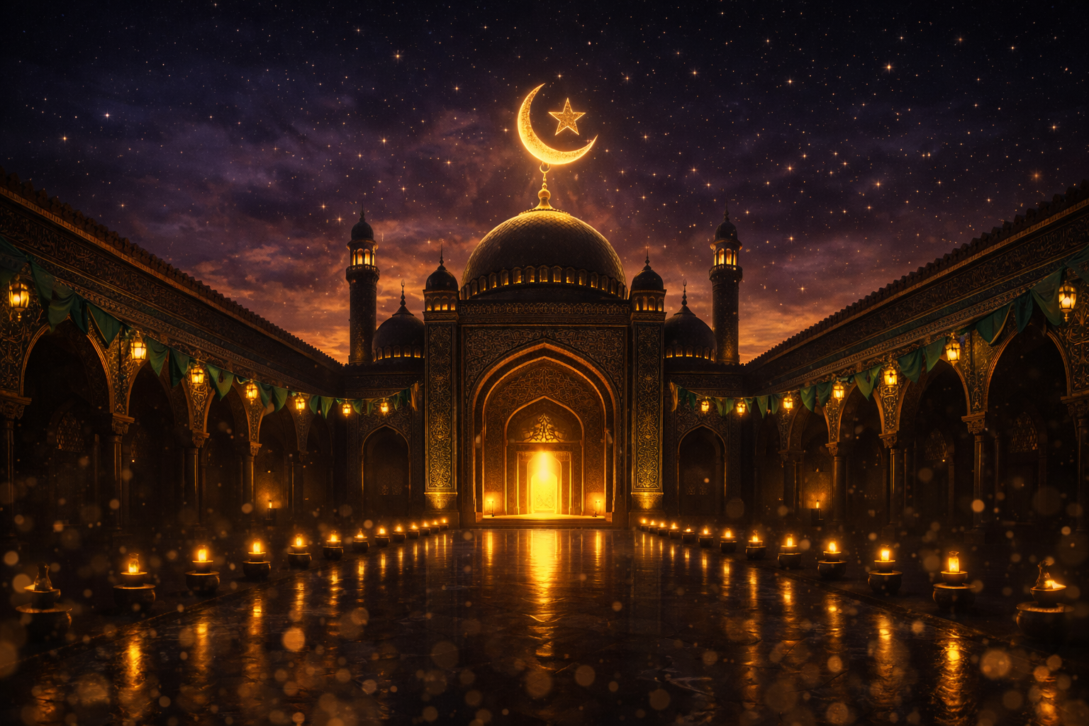 Sweeping view of ornate mosque courtyard at dusk with dark purple to black sky, golden crescent moon and star above main dome, Islamic geometric patterns in emerald and gold on archways, rows of lit oil lamps on courtyard floor -- HD wallpaper